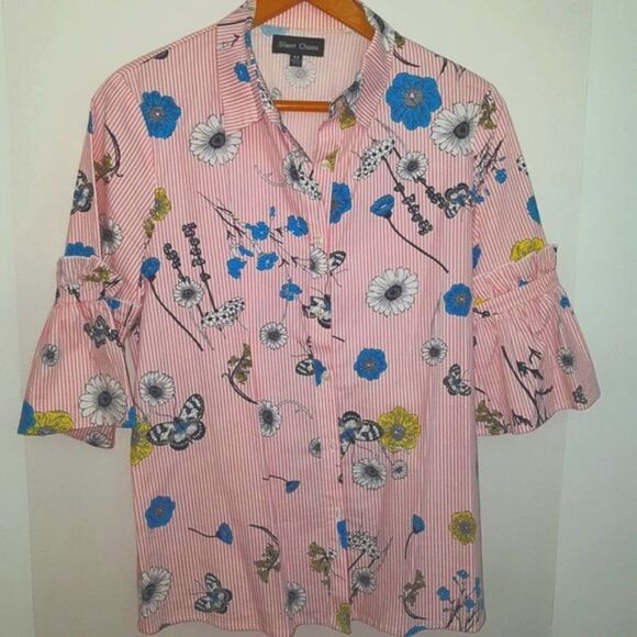 SILENT CHAOS Pink White Stripped Blouse with Blue, Yellow & Black Flowers MEDIUM - Picture 1 of 10